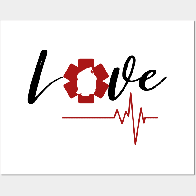 Love Nursing black text design with red Nurse star, silhouette and heartbeat Wall Art by BlueLightDesign